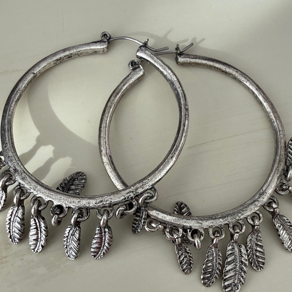 Silver Hoop Earrings with Leaf Charms